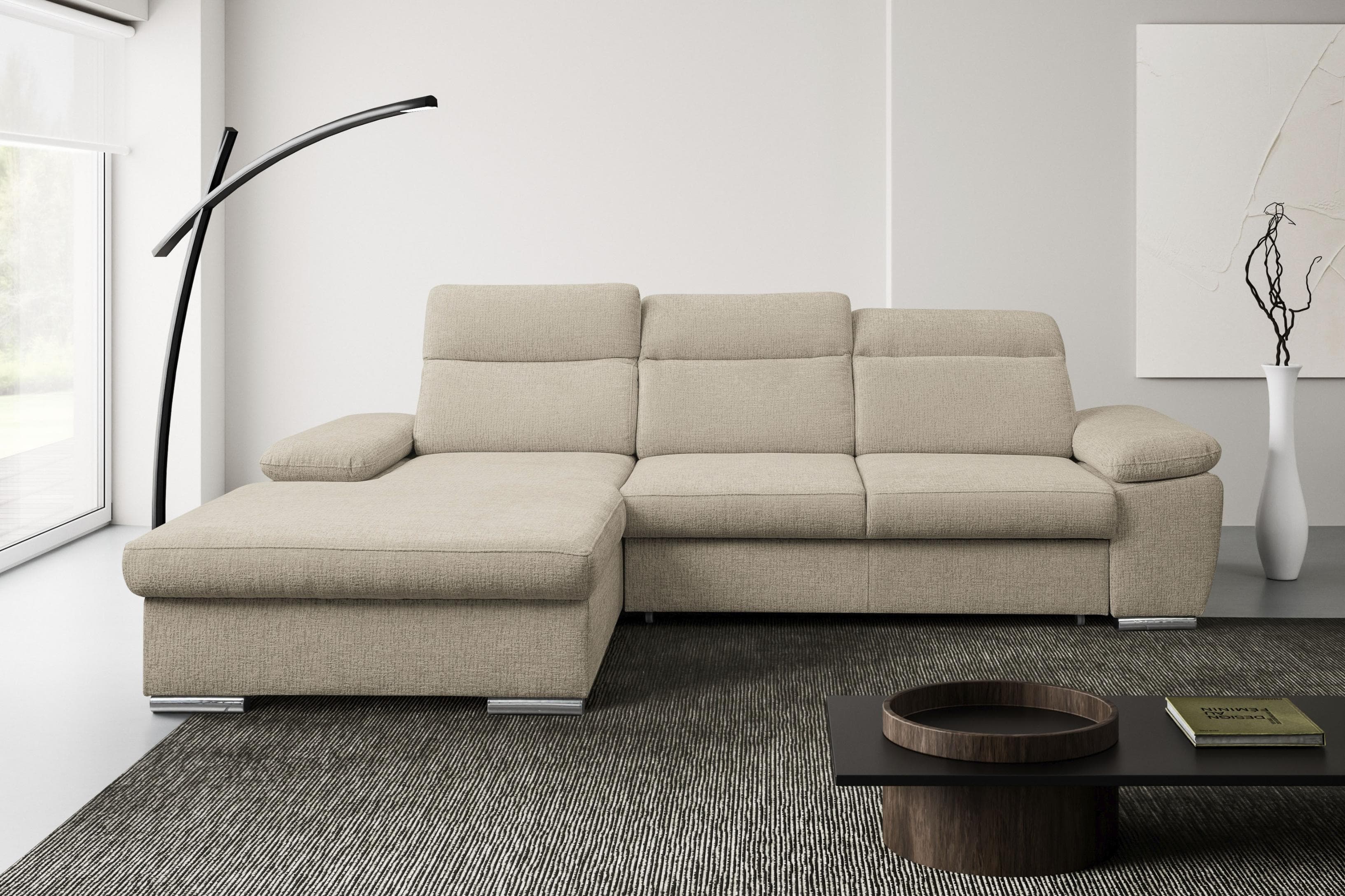 WERK2 Palma Ecksofa Schlafsofa mit Bettkasten L-Form beige Chenille