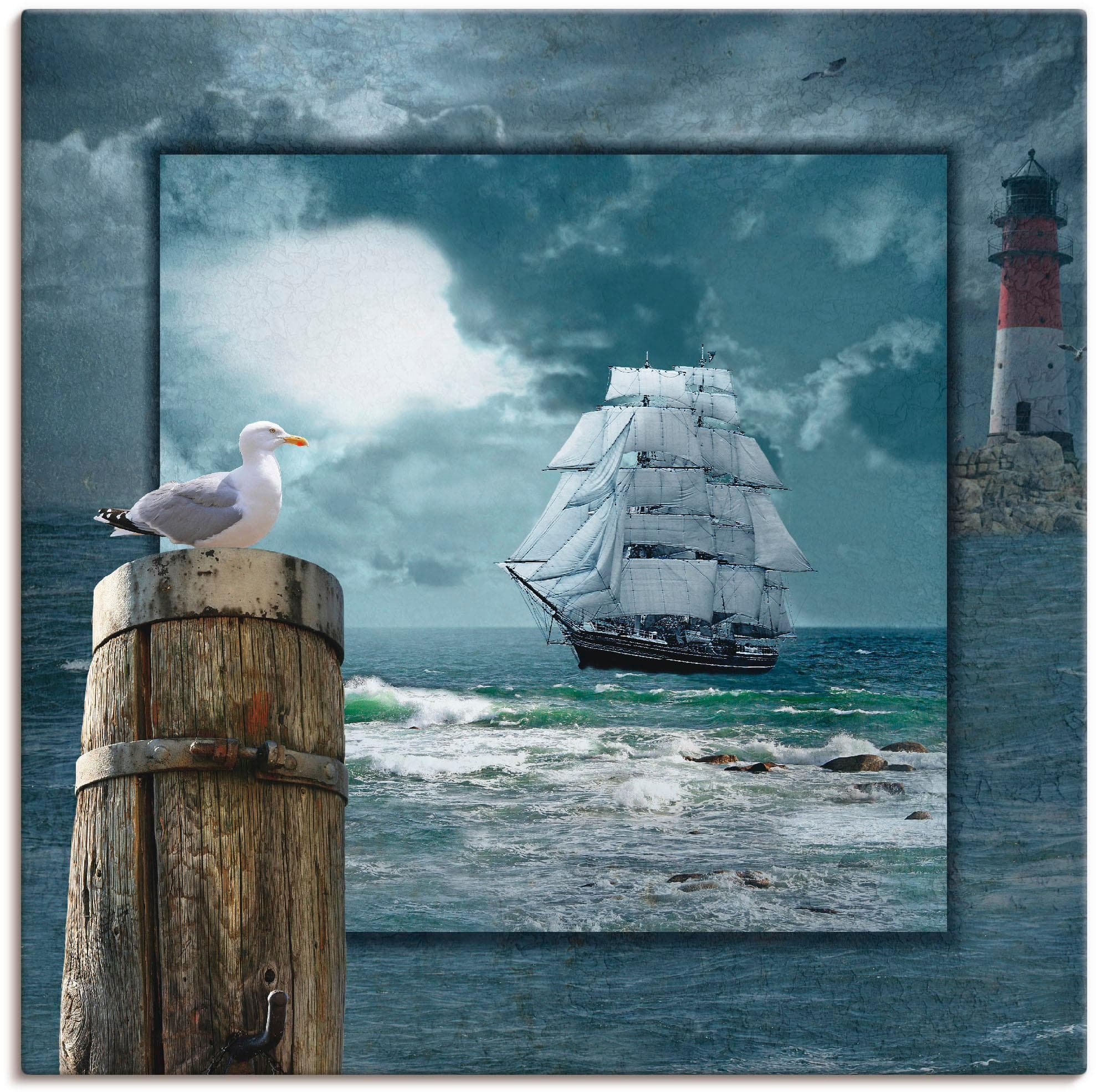 ARTLAND Leinwandbild Maritime Collage mit Segelschiff Blau