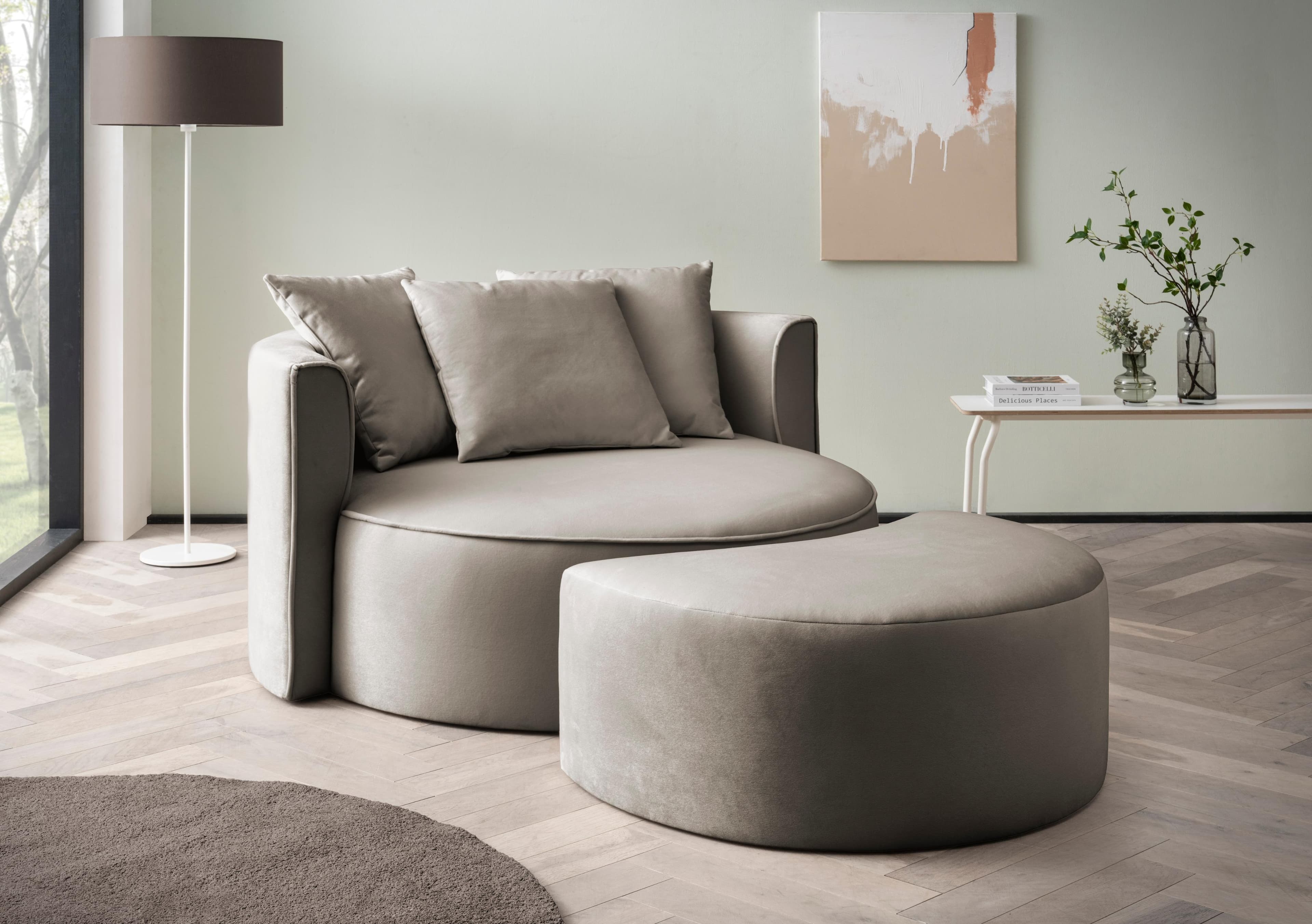 LeGer Home XXL-Sessel ISALIE mit Hocker und 3 Kissen Grau