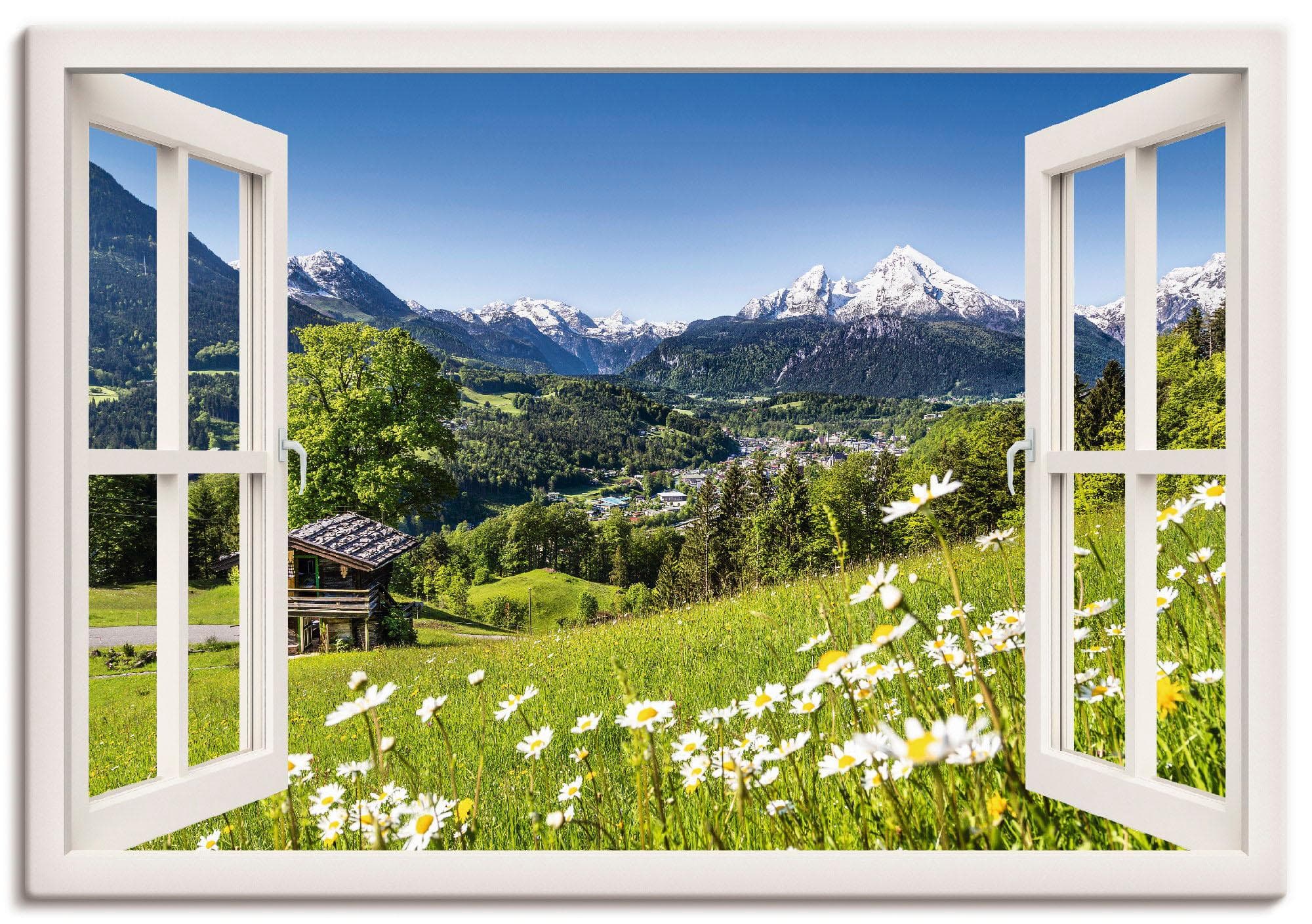 ARTLAND Wandbild Fensterblick Bayerischen Alpen Leinwandbild Weiß