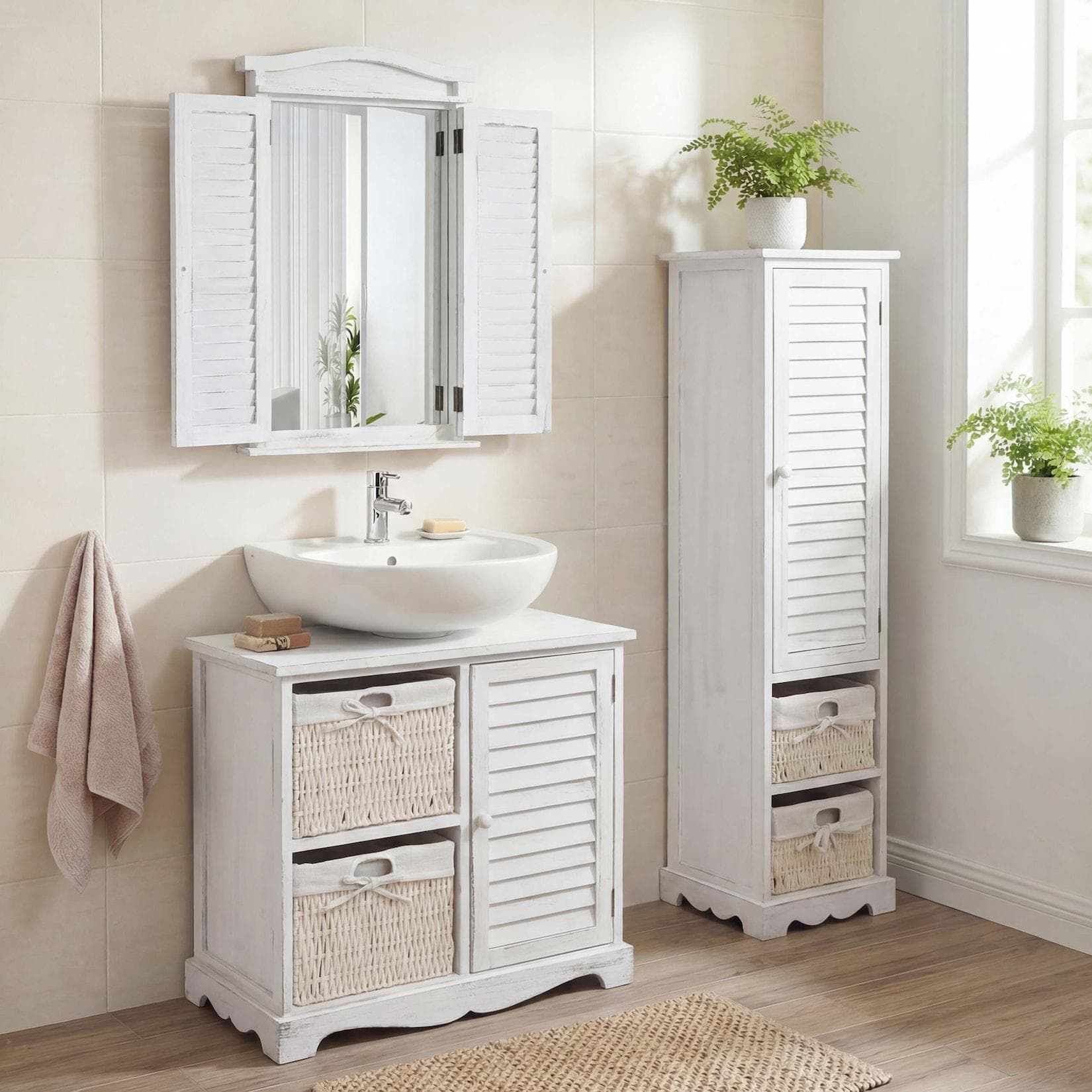 MCW Badezimmerset MCW-H20 Weiß Shabby Hochschrank Unterschrank Spiegel