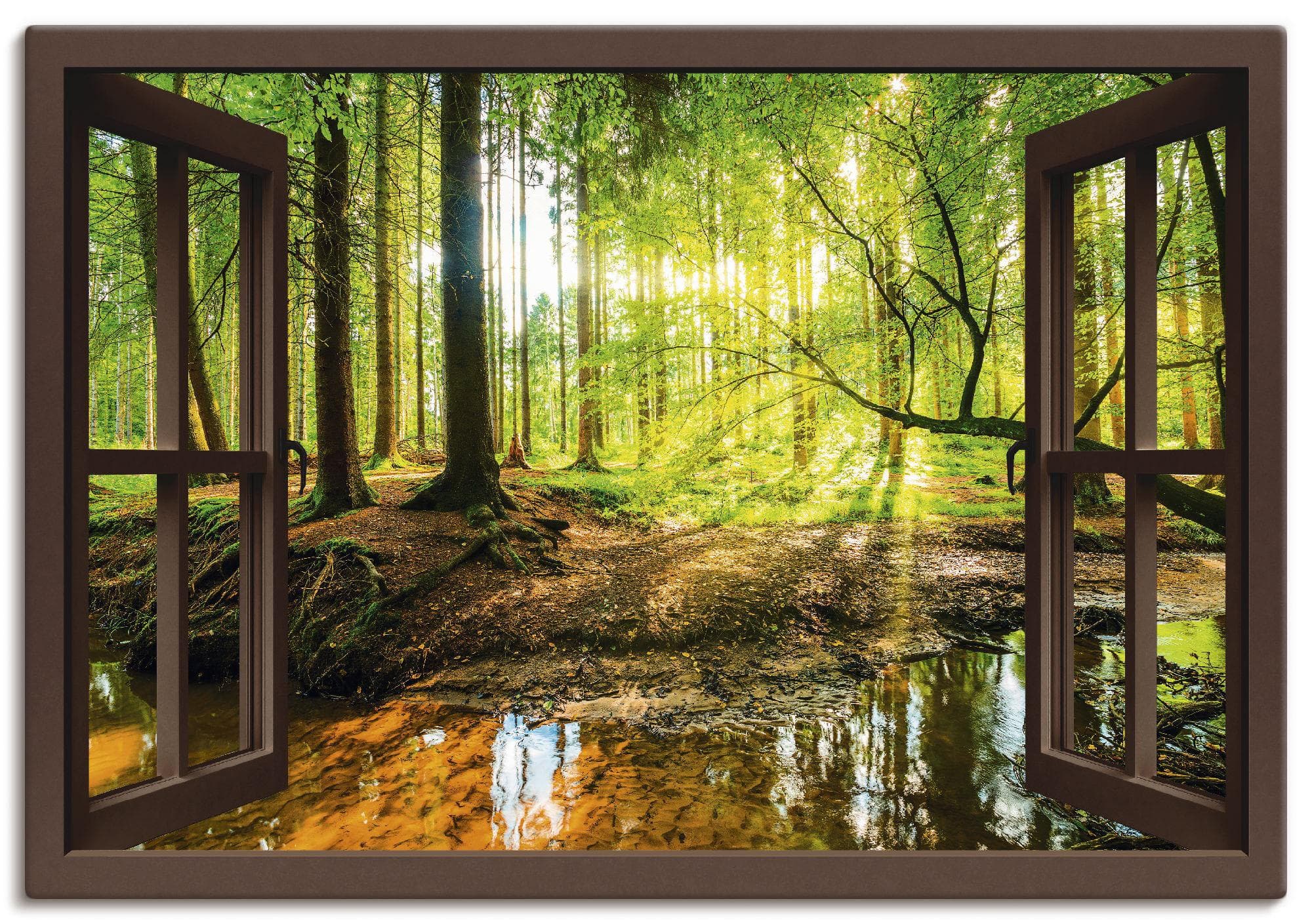 ARTLAND Wandbild Leinwand "Fensterblick - Wald mit Bach" Braun 130x90 cm