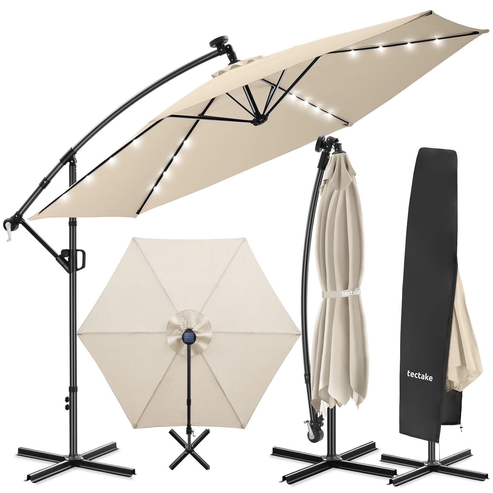 TecTake Ampelschirm 3,5x3,5m mit LED Solar-Beleuchtung
