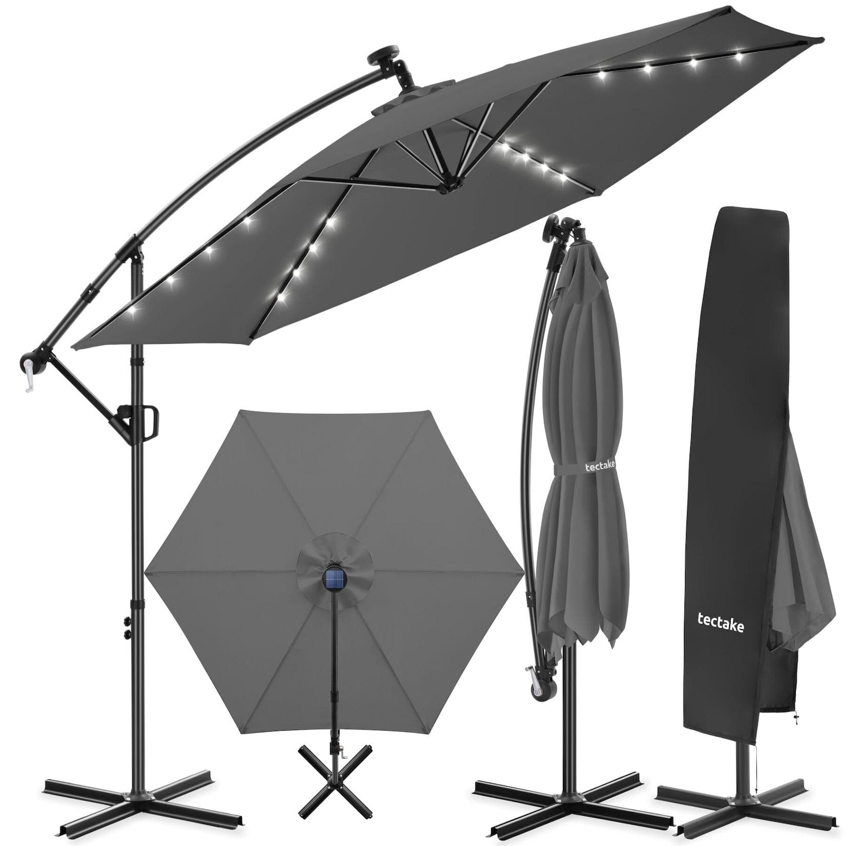 tectake Ampelschirm 3x3m mit LED Solar-Beleuchtung und Kurbelmechanismus