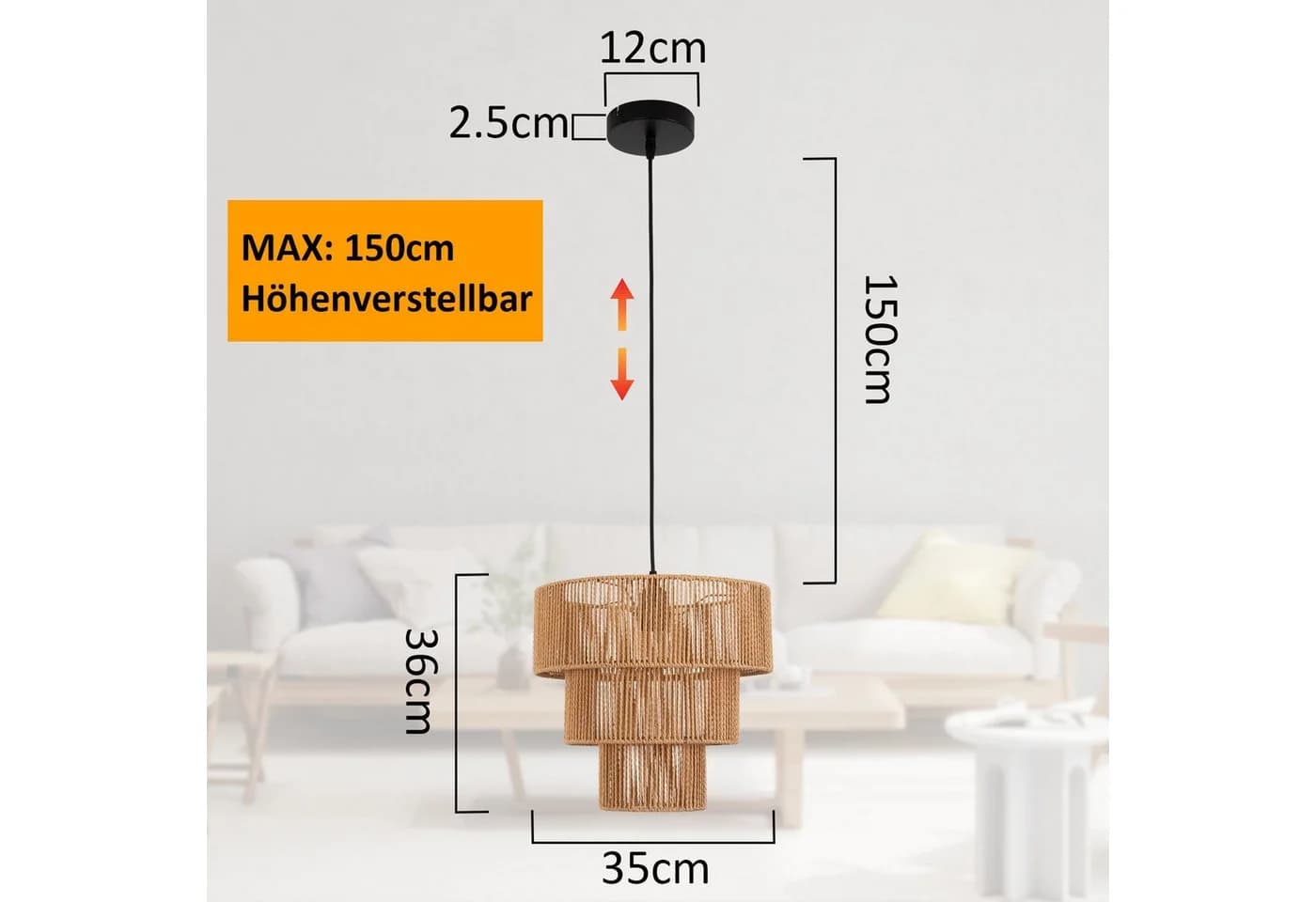 ZMH Pendelleuchte Esszimmer 1-flammig Beige Rattan Boho E27 150 cm