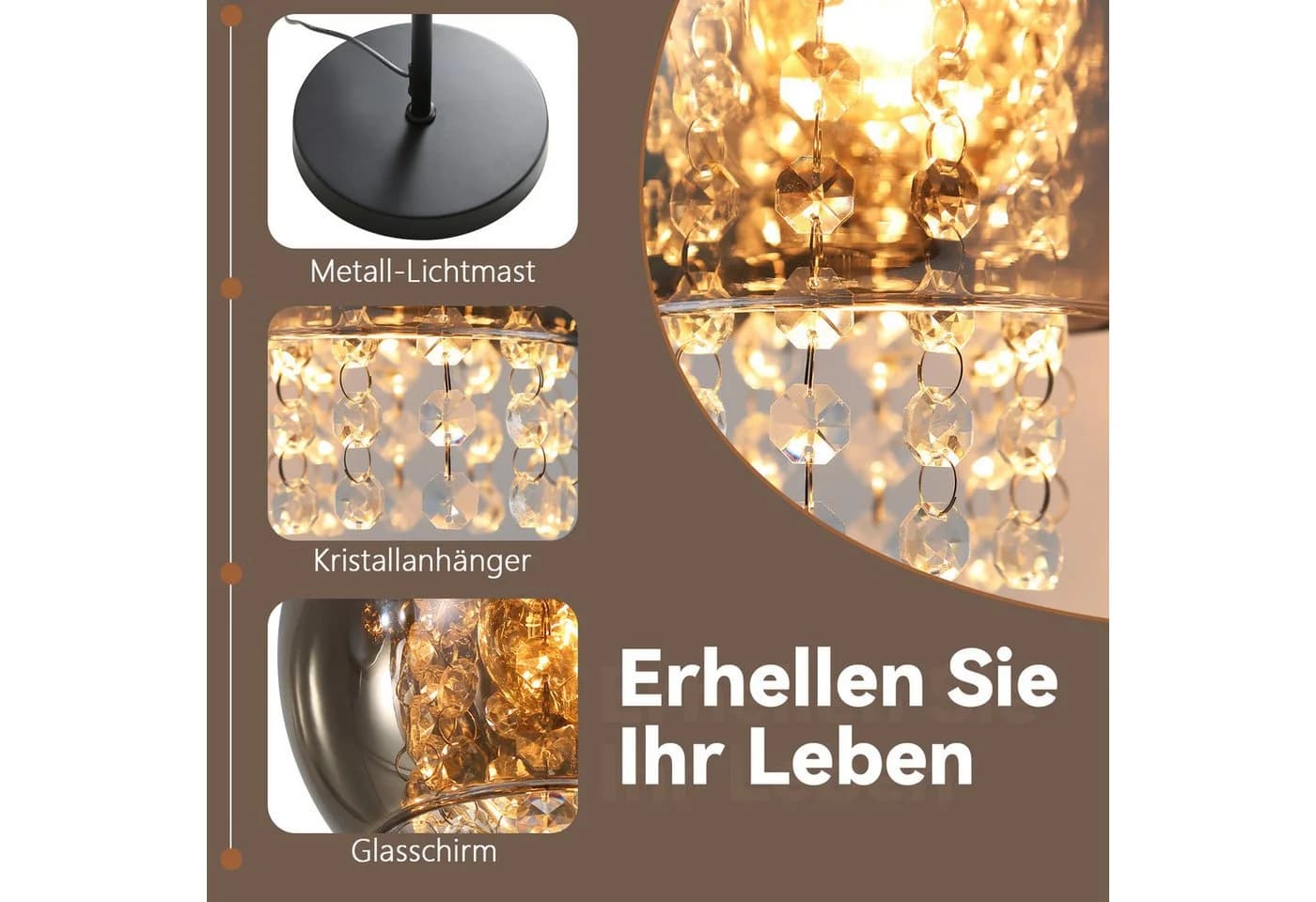 ZMH Stehlampe E27 Rauchgrau Kristall mit Fußschalter