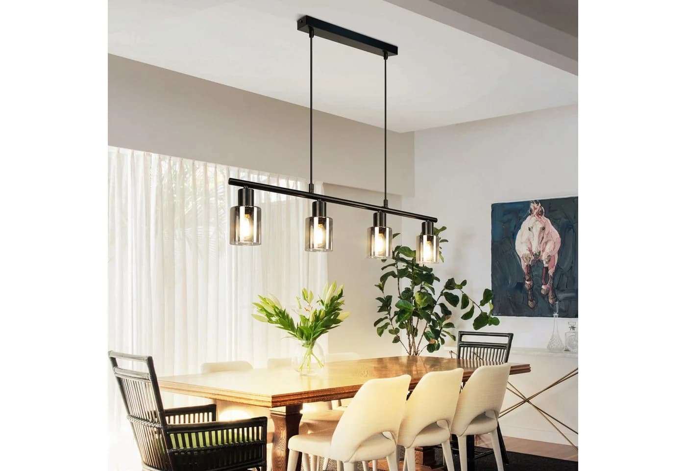 ZMH Pendelleuchte Esszimmer 4 Flammig Vintage Glas E14 Hängelampe Schwarz Höhenverstellbar