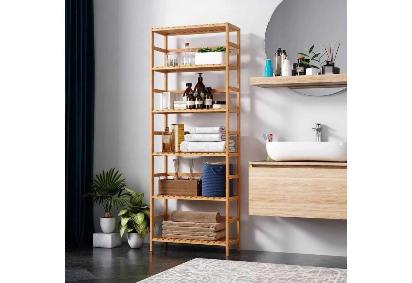 Homfa Standregal Badregal mit 6 verstellbaren Ablagen Bambus