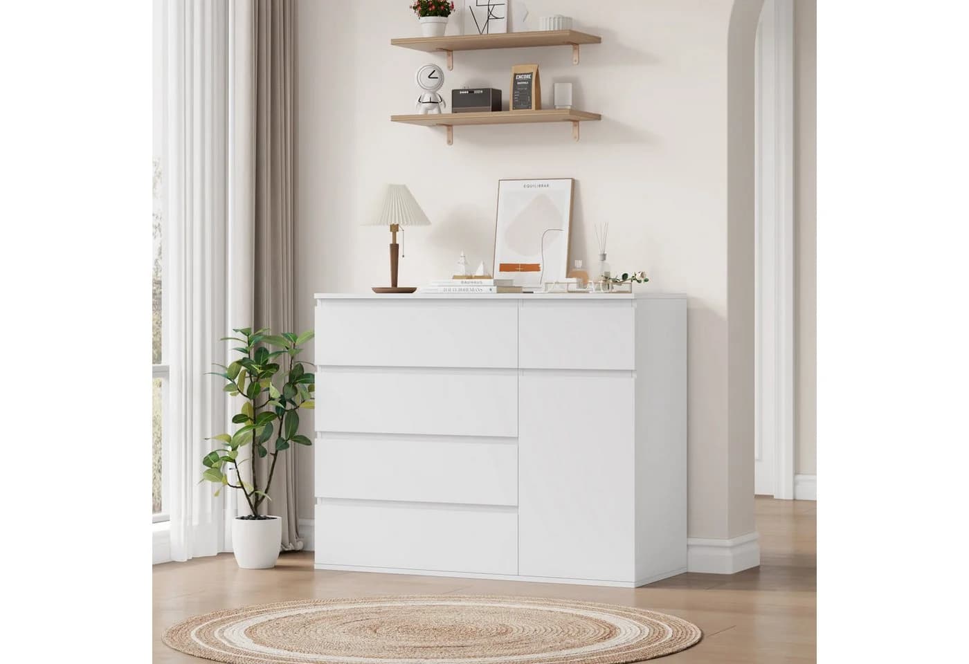 Homfa Kommode weiß mit 5 Schubladen und 1 Tür, Sideboard 100x80x40 cm
