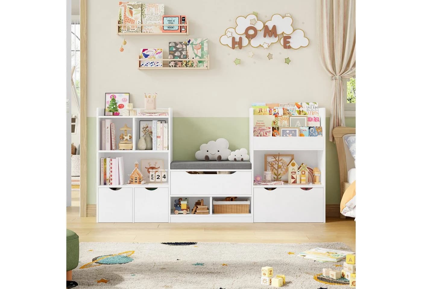 Homfa Sitzbank Kinderregal 3 Schubladen Räder 183x94x29,8 cm Spielzeugregal 7 Fächer Spielzeugtruhe Weiß