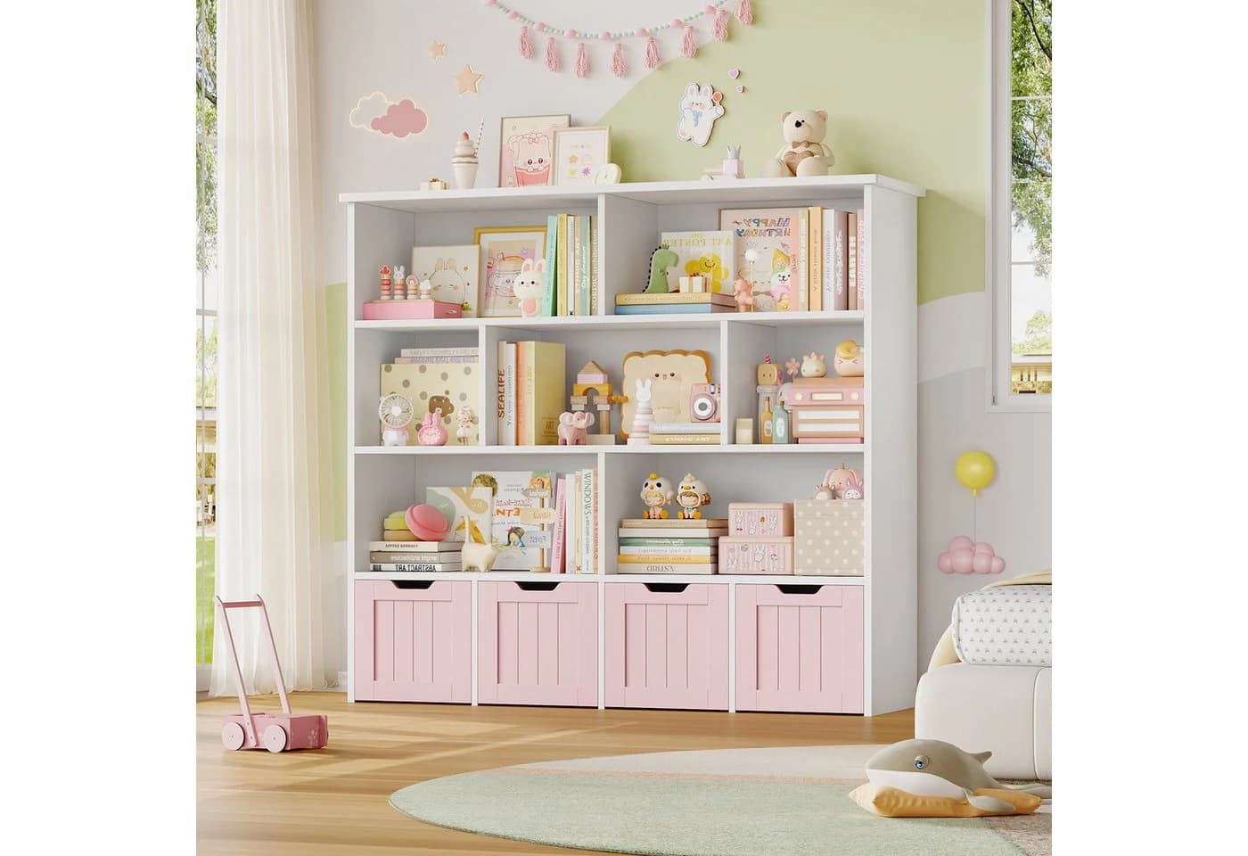 Homfa Kinderregal mit 4 Spielzeugkisten auf Rollen Weiß/Rosa
