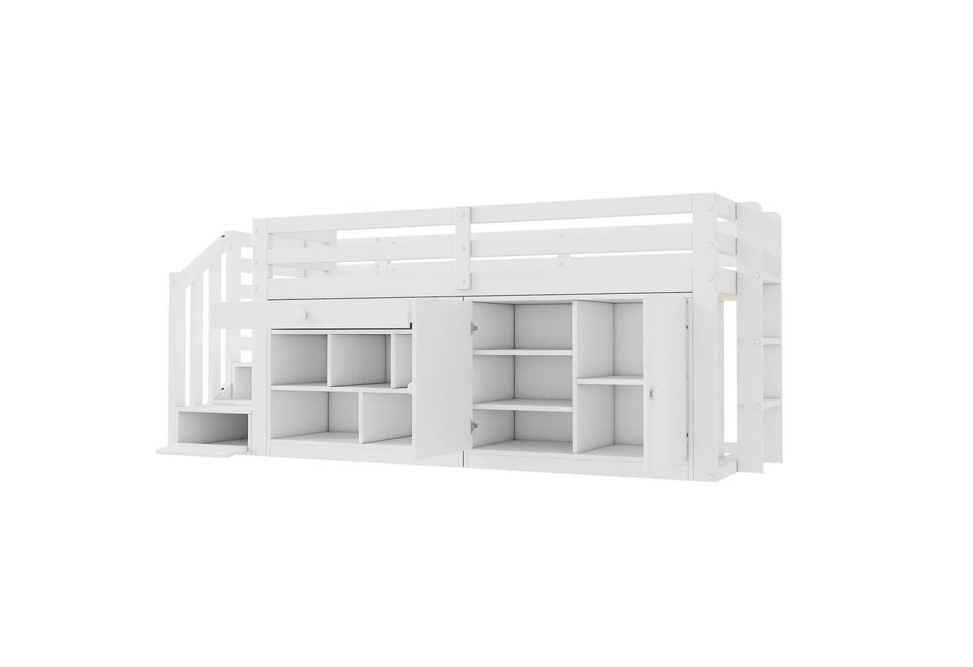KLAM HOME Hochbett Weiß Multifunktional mit Stauraum und Schreibtisch