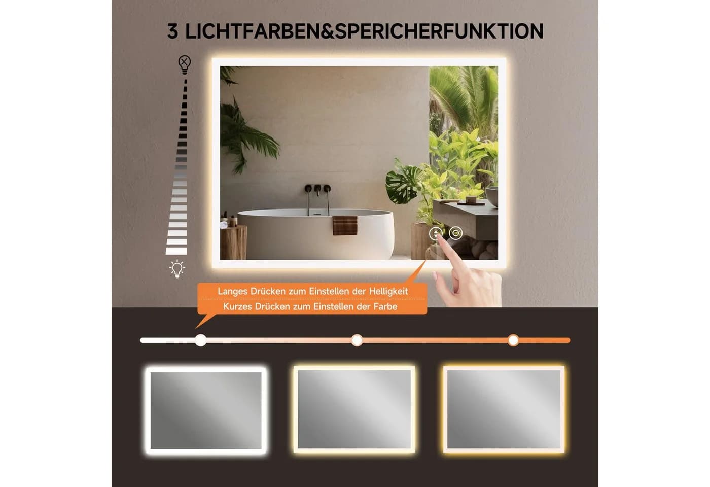 YOLEO Badspiegel mit LED-Licht und Touchschalter, Warm/Kalt/Neutral-Licht