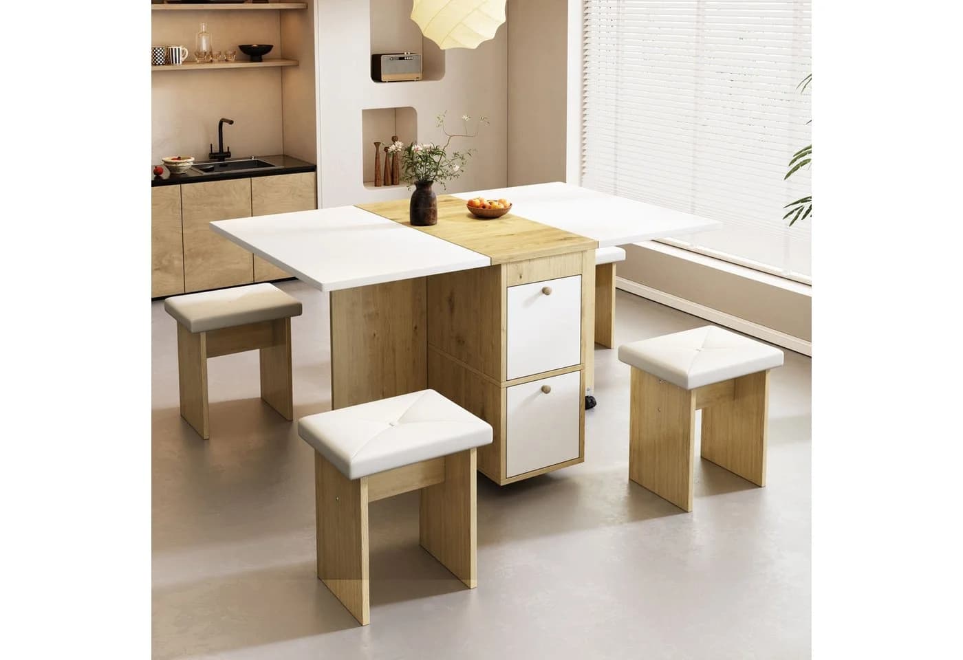 KLAM HOME Esstisch-Set klappbar ausziehbar weiß