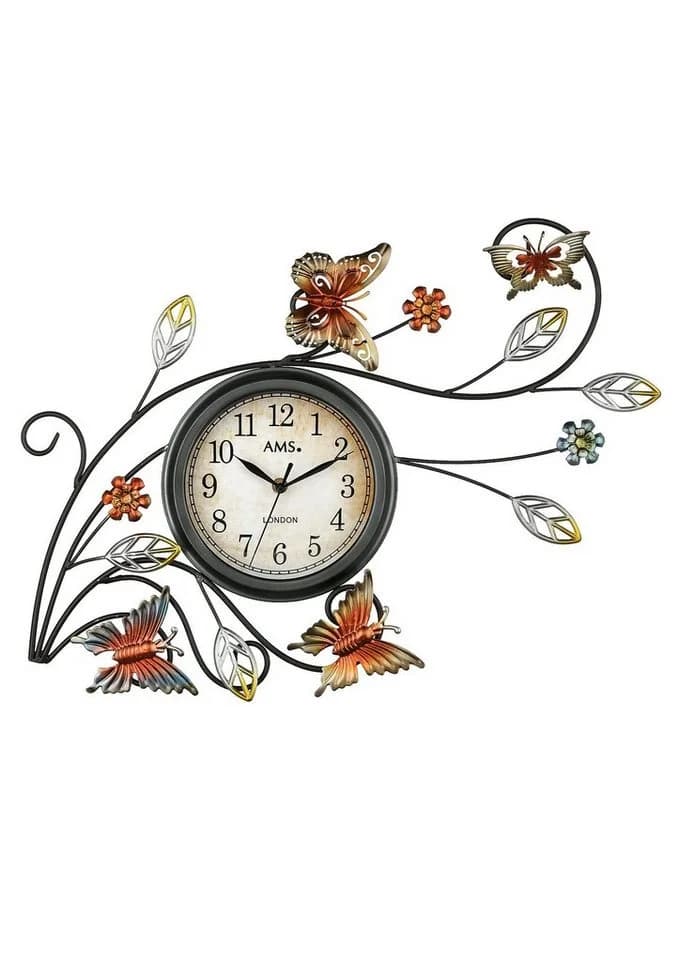 AMS Wanduhr 9446 Braun Bunt mit Blatt-Ornamenten