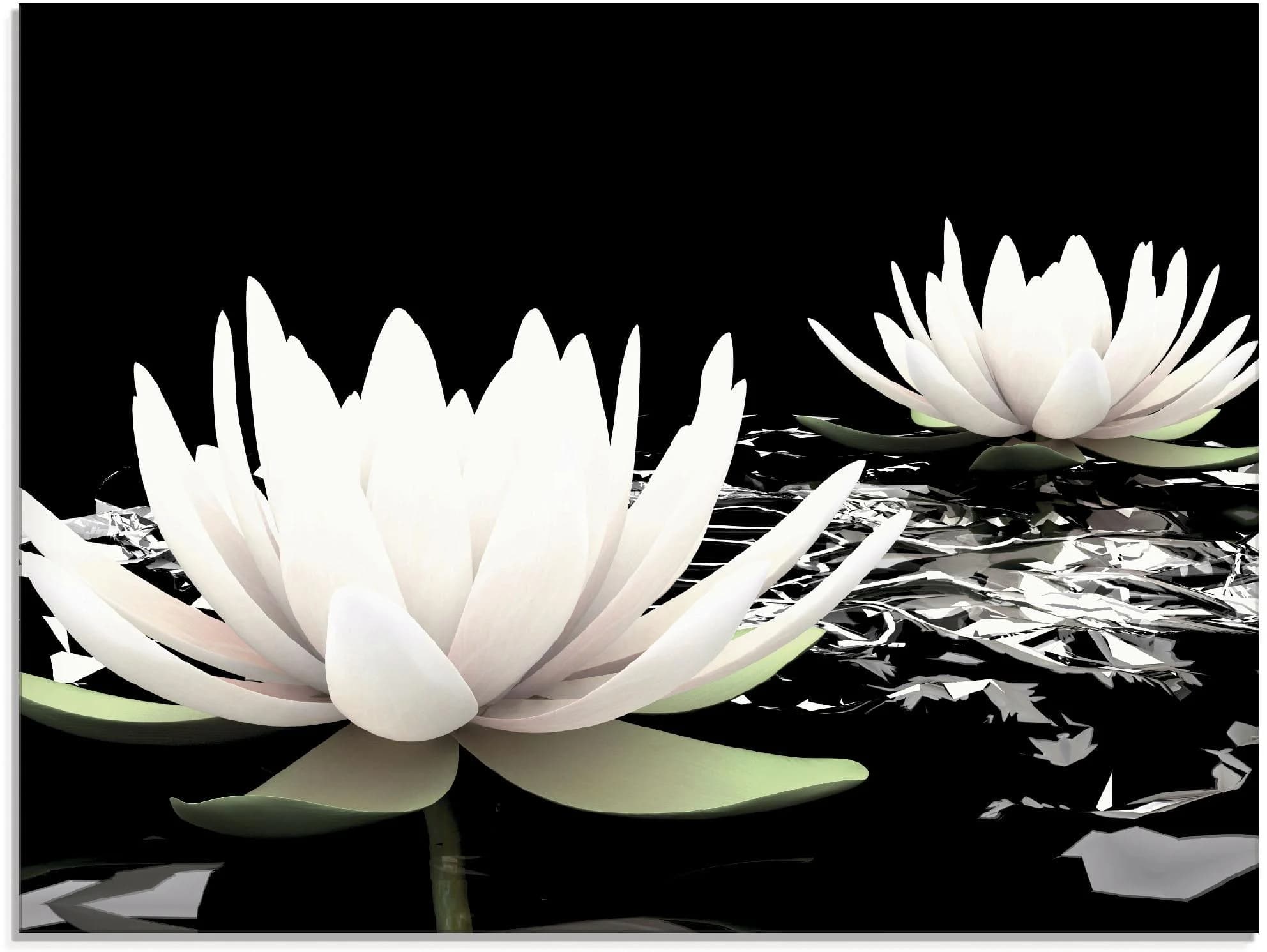 ARTLAND Glasbild Zwei Lotusblumen auf dem Wasser Schwarz