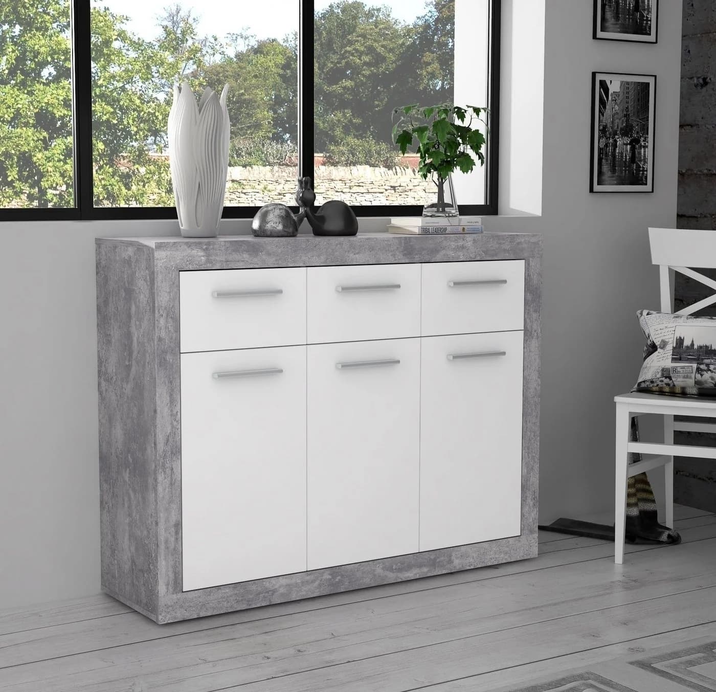 PREISBRECHER Sideboard BACCIO Betonoptik Lichtgrau/Weiß