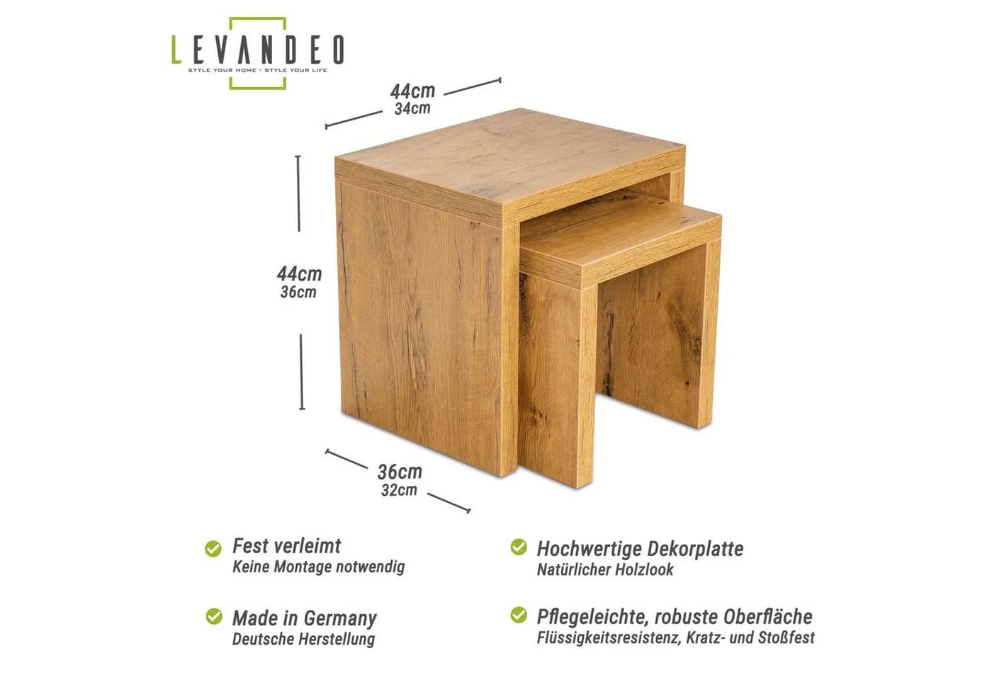 Levandeo® Couchtisch 2-Satztisch Wildeiche