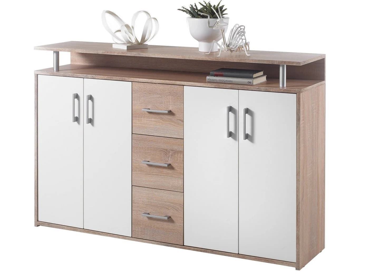PREISBRECHER Highboard Delia Modern Eiche Weiß 4 Türen