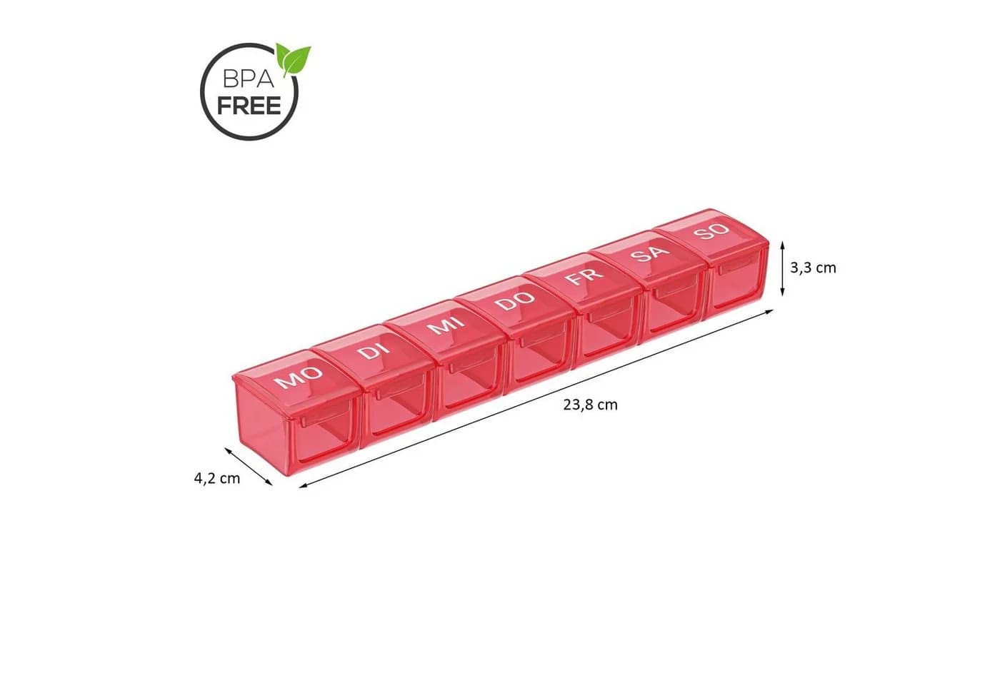 Wellgro Pillendose Große Tablettenbox für 7 Tage mit Druckverschluss Rot