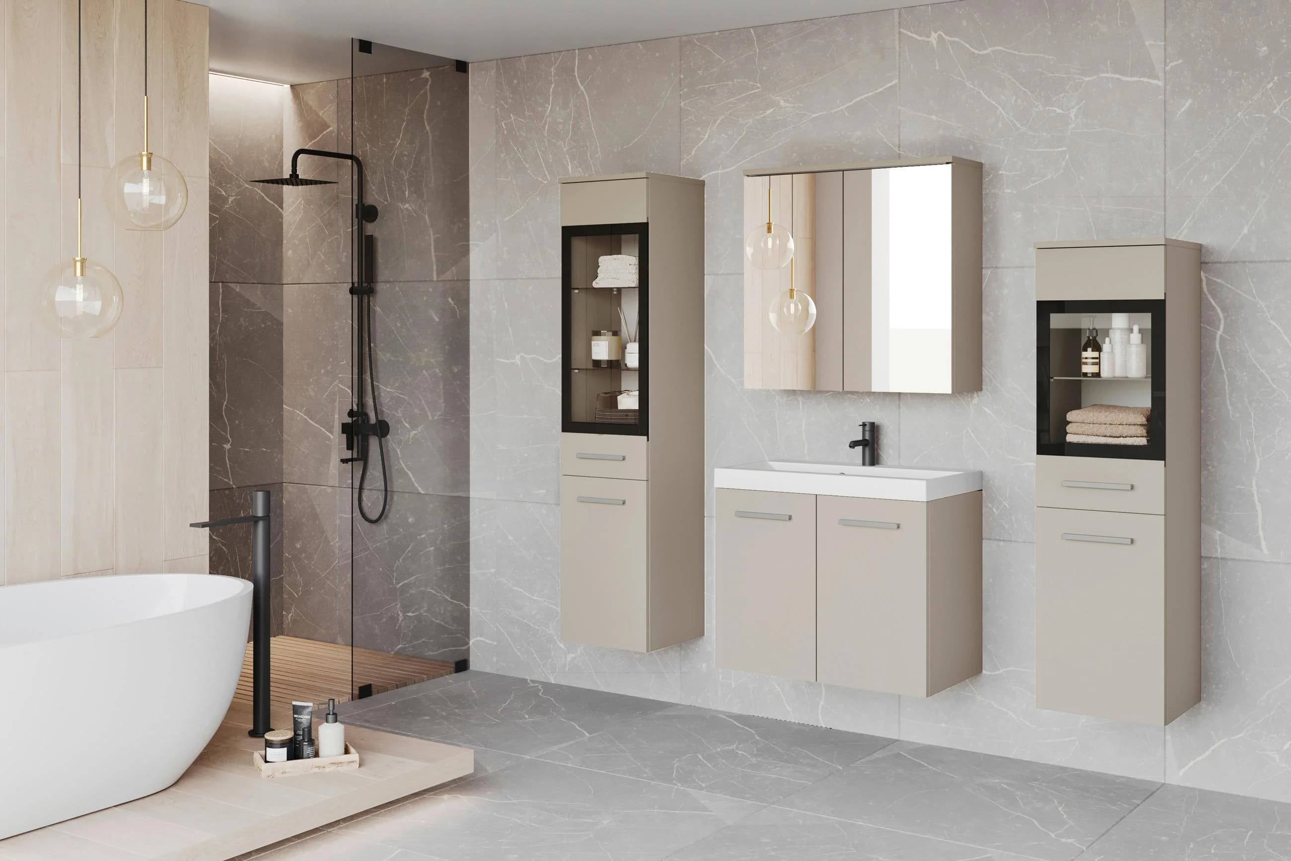 P & B Badezimmer Set 5-teilig Beige Kunststoff 7 Fächer 120 cm FSC hängend