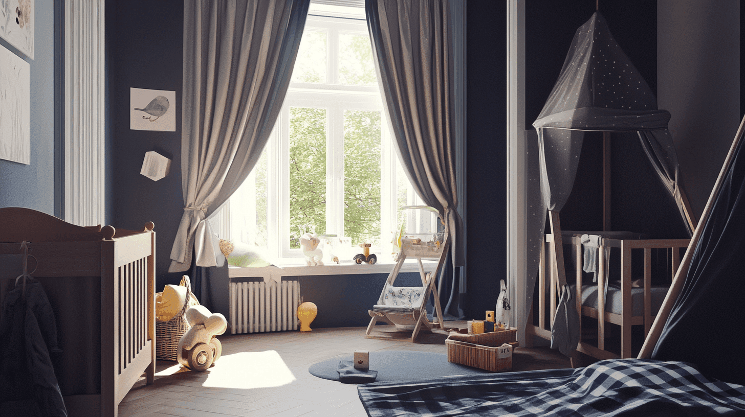 Kinderzimmer mit Bett, Schreibtisch, Spielzeug und großem Fenster mit weißer Gardine.