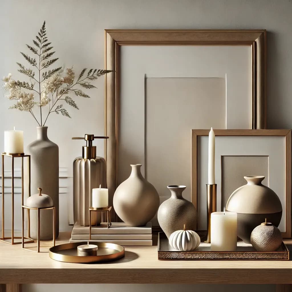 Dekorative Vitrine mit Keramikgefäßen und Kerzen auf einem Holztisch.