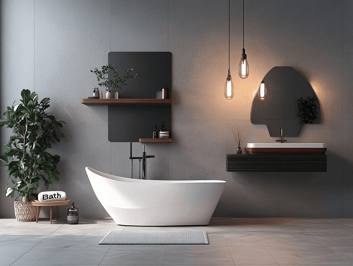 Weißes Badezimmer, weiße Wanne, schwarzes Waschbecken, Pflanze.