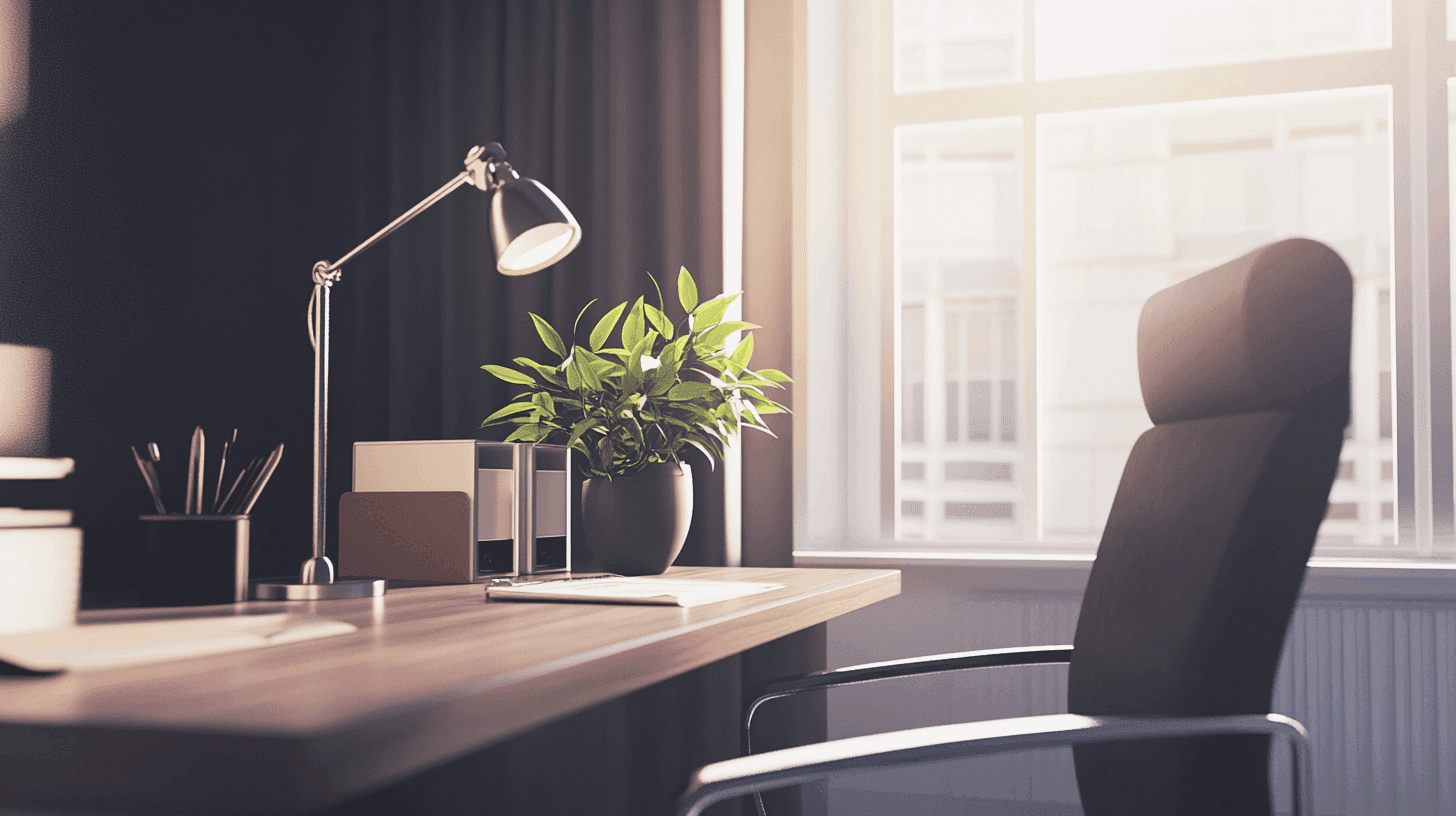 Büro mit Schreibtisch, Stuhl, Tischlampe, Pflanze und Fenster. Auf dem Tisch Stifte und eine Schreibmaschine.