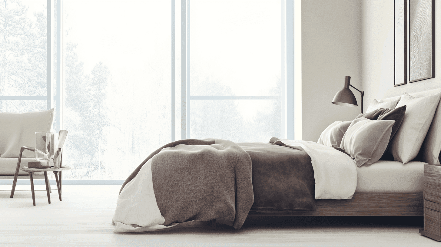 Großes Bett mit weißen Kissen, brauner Decke, Stuhl, großer Fensterfront.