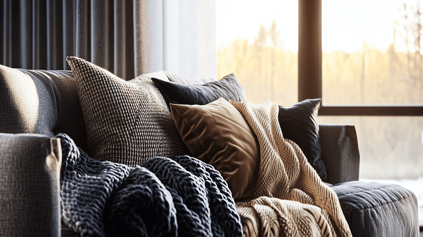 Sofa mit Kissen und Schal vor einem beleuchteten Fenstervorhang.