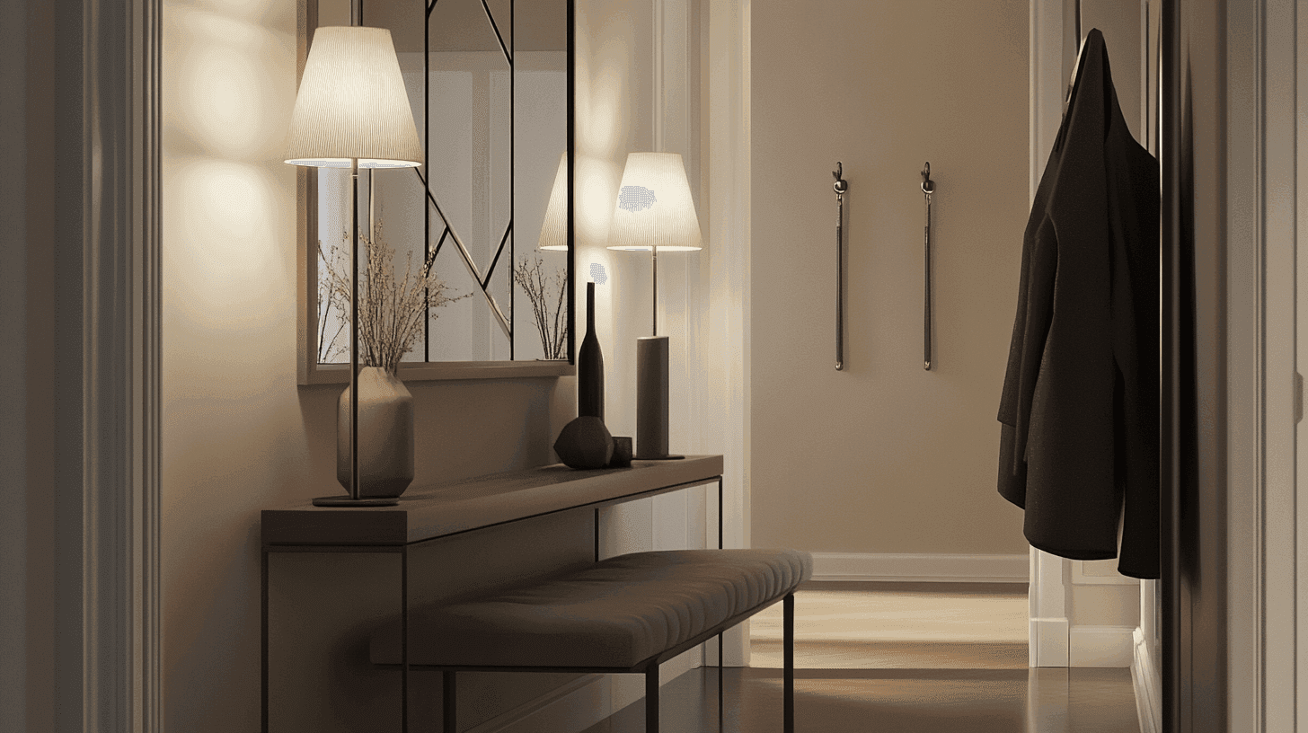 Ein Eingangsbereich mit Tisch, Bank, Lämpchen, Spiegel und einer Jacke an der Wand.