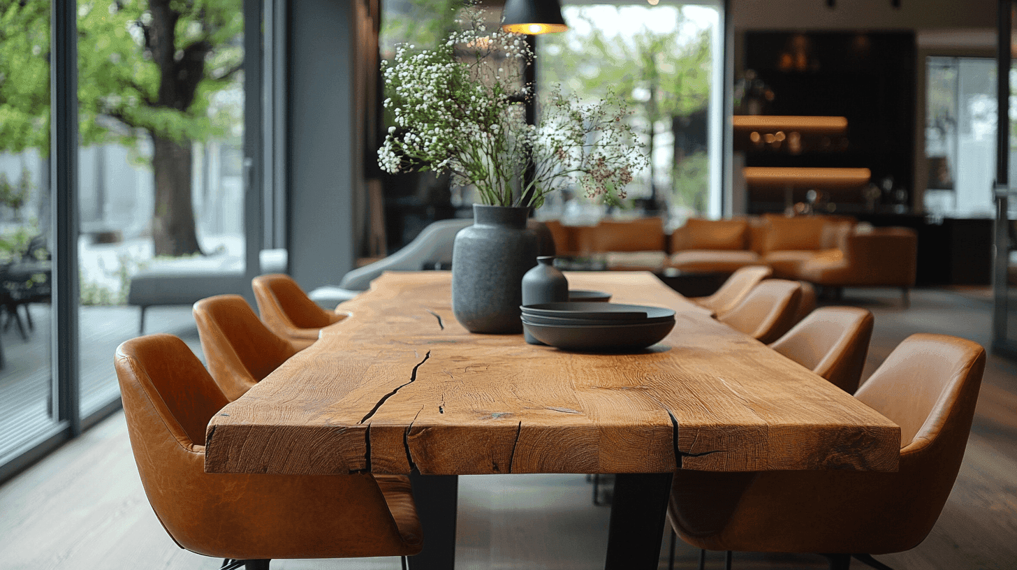 Ein großer Holztisch mit rustikalem Design, acht Sitzplätzen und drei Vasen auf der Tischplatte.