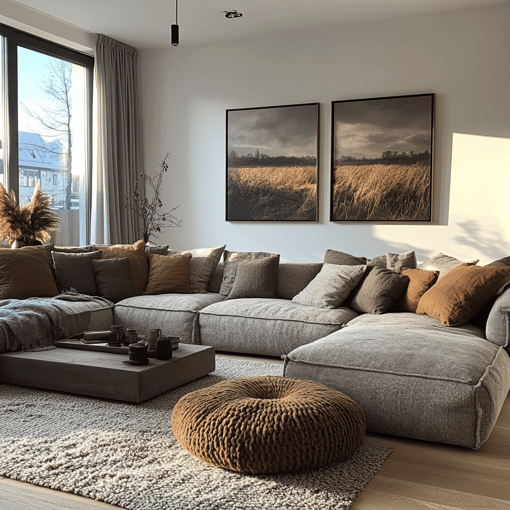 Dieser Raum hat eine große Couch, einen großen Tisch und zwei Bilder einer Feldlandschaft. Die Farben sind warm und dunkel. Ein großes Fenster ergänzt die Räumlichkeit.