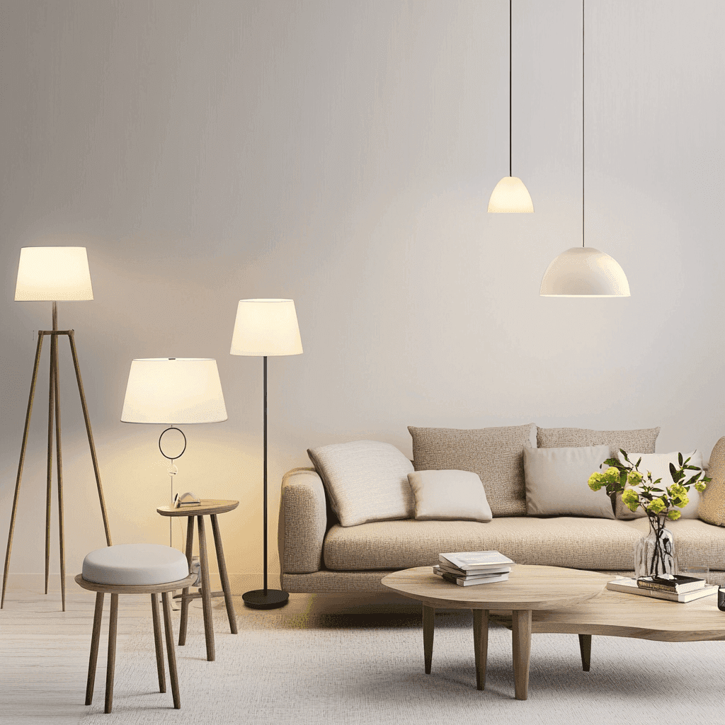 Ein Raum voller Lampen mit einem Sofa leicht nach rechts versetzt.