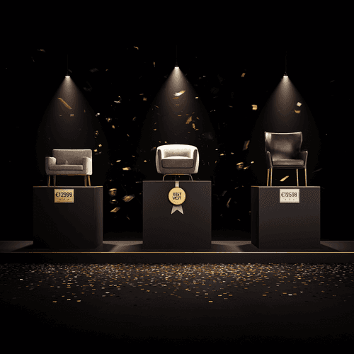 Drei elegante Sessel in hellen und dunklen Stofftönen stehen auf goldgerahmten Siegerpodesten