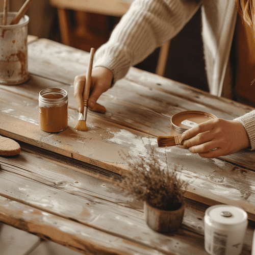 Nahaufnahme zweier Hände, die eine Holzplatte eines Couchtisches mit Pinsel und beigefarbener Kreidefarbe streichen; rustikale Werkbank mit Farbdose, Deckel und Schwamm im Vordergrund.