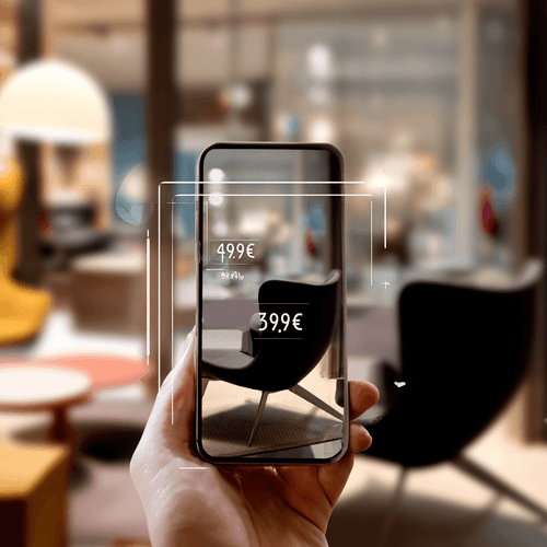 Hand hält Smartphone in Möbelgeschäft; über die Kamera wird ein schwarzer Designersessel erfasst, auf dem Screen erscheinen AR-Preisblenden „499 €“ durchgestrichen, darunter „399 €“ – unscharfer Showroom im Hintergrund.